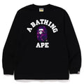 BAPE Style Collegiate Arc Logo & Camo Ape Head Long-Sleeve Tee - Black/Purple