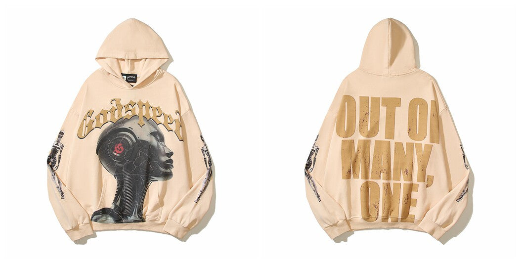 Vintage "Godspeed" Cyborg Head Oversized Beige Hoodie